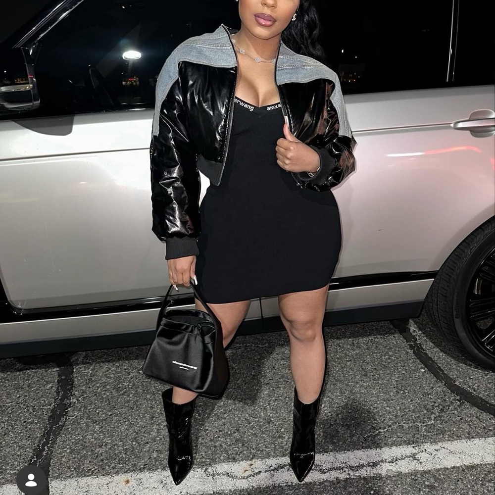 Chic Black and denim Women's Bomber/puffer cropped Jacket